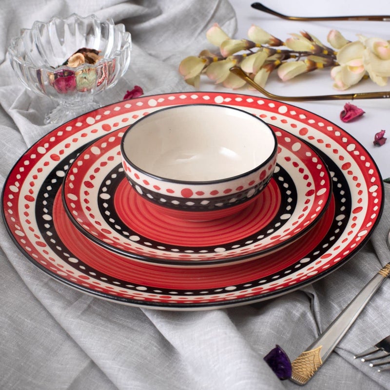 Caffeine Ceramic Handmade Red & Black Dot Combo Dinner Set of 3 Pcs. (1 Dinner Plate, 1 Quarter Plate, 1 Katori Bowl) - Image 1