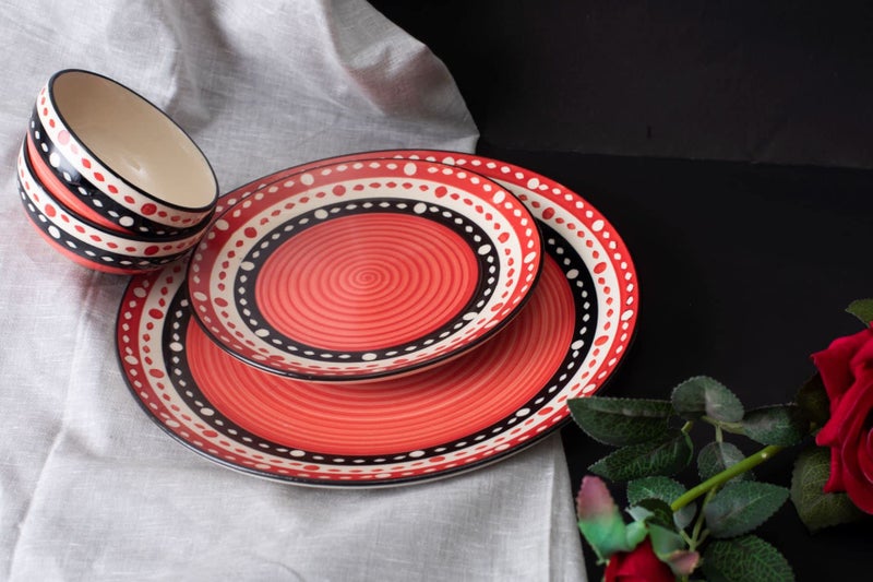 Caffeine Ceramic Handmade Red & Black Dot Combo Dinner Set of 3 Pcs. (1 Dinner Plate, 1 Quarter Plate, 1 Katori Bowl) - Image 2