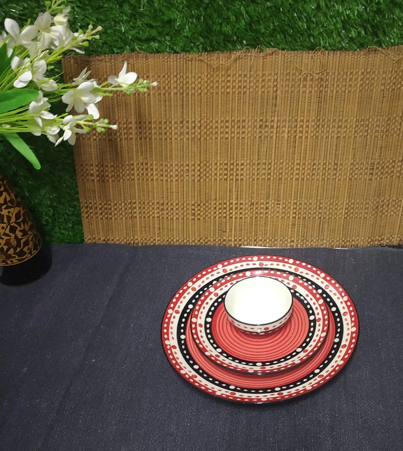 Caffeine Ceramic Handmade Red & Black Dot Combo Dinner Set of 3 Pcs. (1 Dinner Plate, 1 Quarter Plate, 1 Katori Bowl) - Image 3