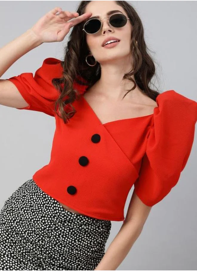 Styli Solid Puff Sleeves Crop Top with Button Detail