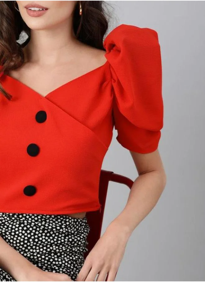 Styli Solid Puff Sleeves Crop Top with Button Detail by Styli