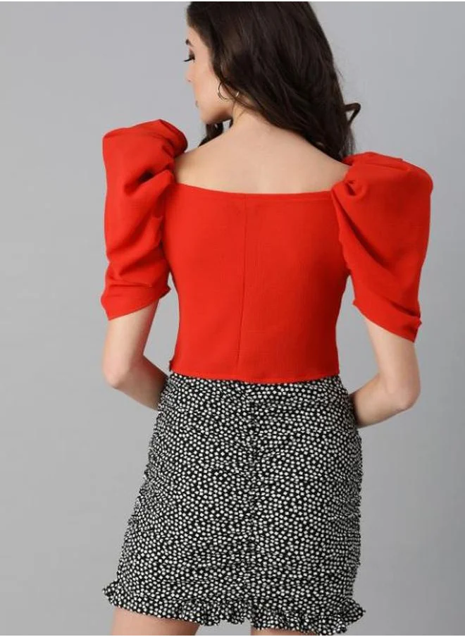 Styli Solid Puff Sleeves Crop Top with Button Detail by Styli