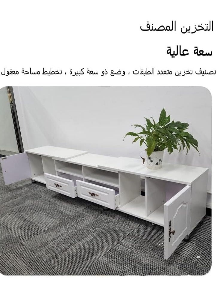  CityRiya-Long حامل تلفزيون، طاولة تلفزيون لأجهزة تلفزيون مقاس 70 بوصة، طاولة تلفزيون بيضاء مقاس 140~220×30×40 سم لغرفة النوم، حامل مركز ترفيهي لتلفزيون مقاس 65 بوصة، طاولة وحدة تحكم وسائط تلفزيون، خزانة تلفزيون لغرفة المعيشة  - Image 4