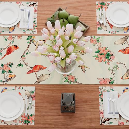 XCHI Watercolor Flowers Cardinal Birds Spring Table Runner Summer Table Decoration for Party Home Kitchen Dining Holiday Decor 13x72 Inch - Image 4