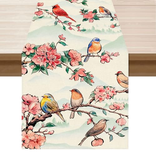 XCHI Watercolor Flowers Cardinal Birds Spring Table Runner Summer Table Decoration for Party Home Kitchen Dining Holiday Decor 13x72 Inch - Image 1