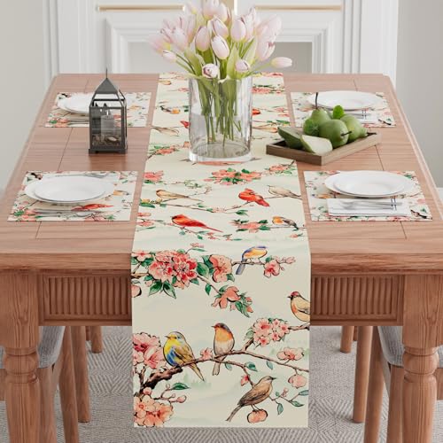 XCHI Watercolor Flowers Cardinal Birds Spring Table Runner Summer Table Decoration for Party Home Kitchen Dining Holiday Decor 13x72 Inch - Image 2