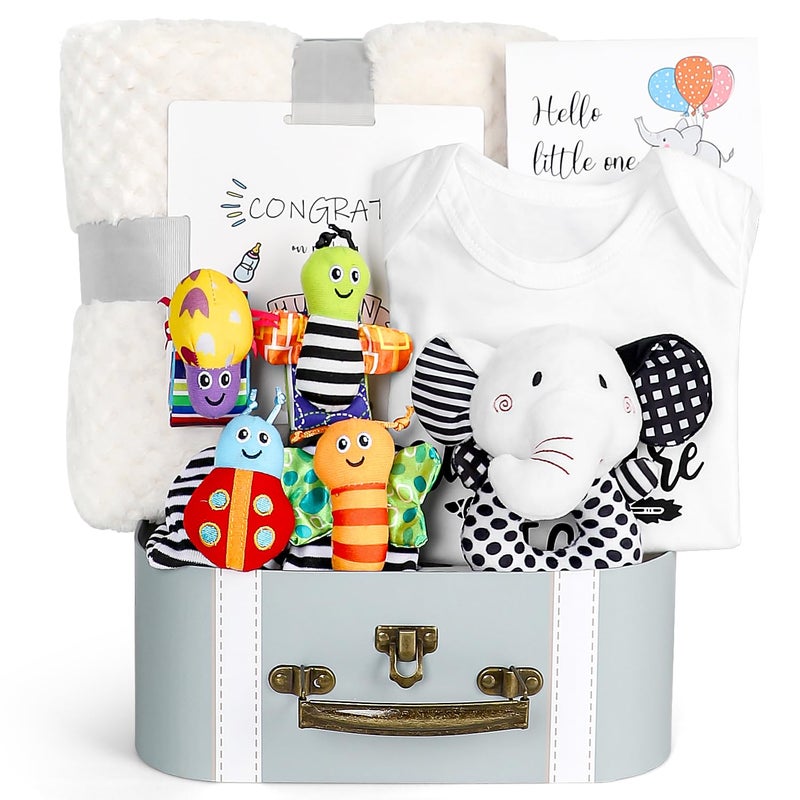iAOVUEBY iAOVUEBY Baby Gift Set Baby Shower Gifts Black and White High Contrast Baby Toys 06 Months for Newborn Essentials Infant Rattle Socks Elephant Toys Blanket Onesies Baby Gift Basket for Girls Boys 