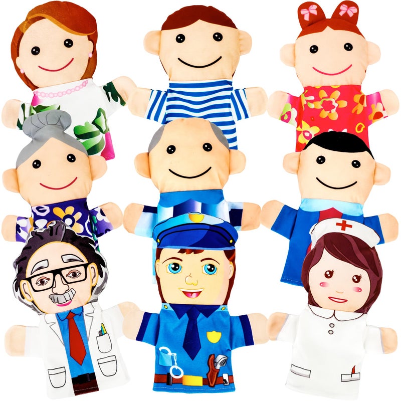Flahard 9 Pcs Family Puppets Profession People Hand Puppet Plush Grandparents Mom Dad Brother Sister Police Scientist Nurse Puppets for Kids Adults Storytelling Teaching Role Play - Image 3