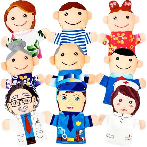 Flahard 9 Pcs Family Puppets Profession People Hand Puppet Plush Grandparents Mom Dad Brother Sister Police Scientist Nurse Puppets for Kids Adults Storytelling Teaching Role Play - Image 1
