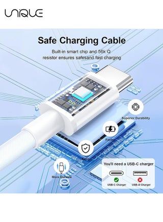 كابل شحن بطول 2 متر، كابل شاحن مضفر من النوع C بطول 60 واط للشحن السريع، كابل شاحن USB C إلى USB C لسلسلة iPhone 15 / سامسونج / ماك بوك / جوجل / أندرويد / كابل شاحن هاتف محمول -  أبيض - view 2