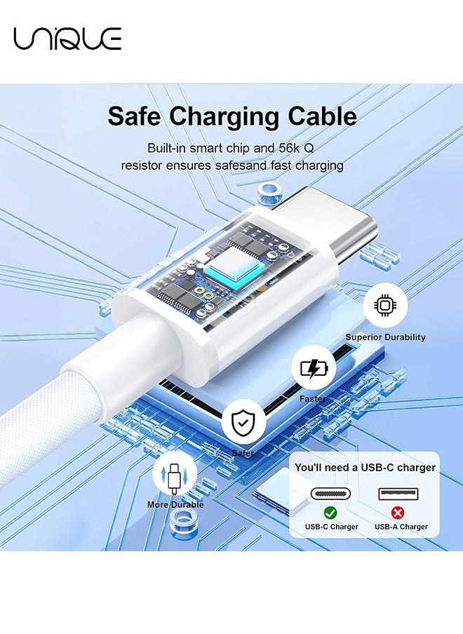 Unique - 2 Meters Charging Cable, 60W Long Braided Type C Charger Cable for Fast Charging, USB C to USB C Charger Cable for iPhone 15 Series/Samsung/MacBook/Google/Android/Laptop Phone Charger Cable - White - Image 1