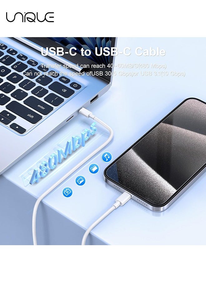 Unique - 2 Meters Charging Cable, 60W Long Braided Type C Charger Cable for Fast Charging, USB C to USB C Charger Cable for iPhone 15 Series/Samsung/MacBook/Google/Android/Laptop Phone Charger Cable - White - Image 1