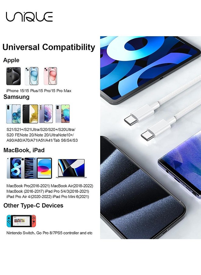 Unique - 2 Meters Charging Cable, 60W Long Braided Type C Charger Cable for Fast Charging, USB C to USB C Charger Cable for iPhone 15 Series/Samsung/MacBook/Google/Android/Laptop Phone Charger Cable - White - Image 1