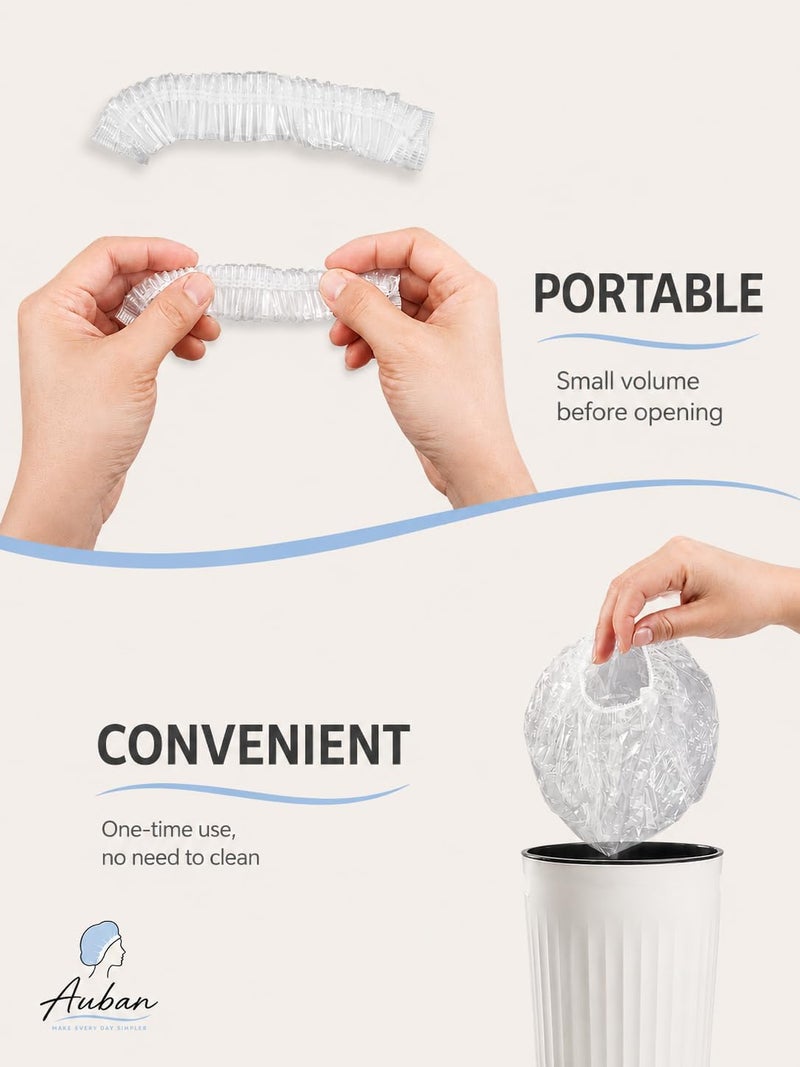 Auban Shower Cap Disposable, Larger Thick Clear Waterproof Plastic Elastic Bath Hair Caps for Women Men Kids, Travel Spa Hotel and Hair Salon, Home Use(100 Individually Pack) - Image 3