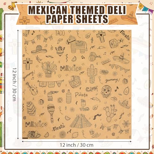 Marspark 300 Pcs 12 x 12 Inch Deli Wax Paper Sheets Grease Mexican Themed Resistant Tray Basket Liners Water and Grease Proof Sandwich Wrapping Square Burrito Wrappers for Food Baking - Image 5