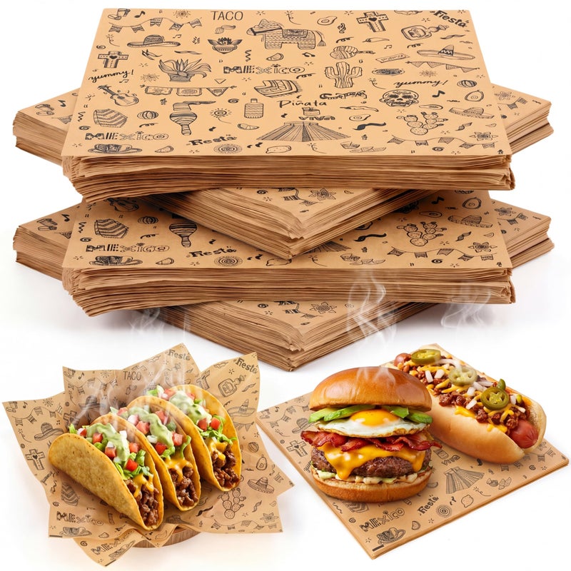Marspark 300 Pcs 12 x 12 Inch Deli Wax Paper Sheets Grease Mexican Themed Resistant Tray Basket Liners Water and Grease Proof Sandwich Wrapping Square Burrito Wrappers for Food Baking - Image 3