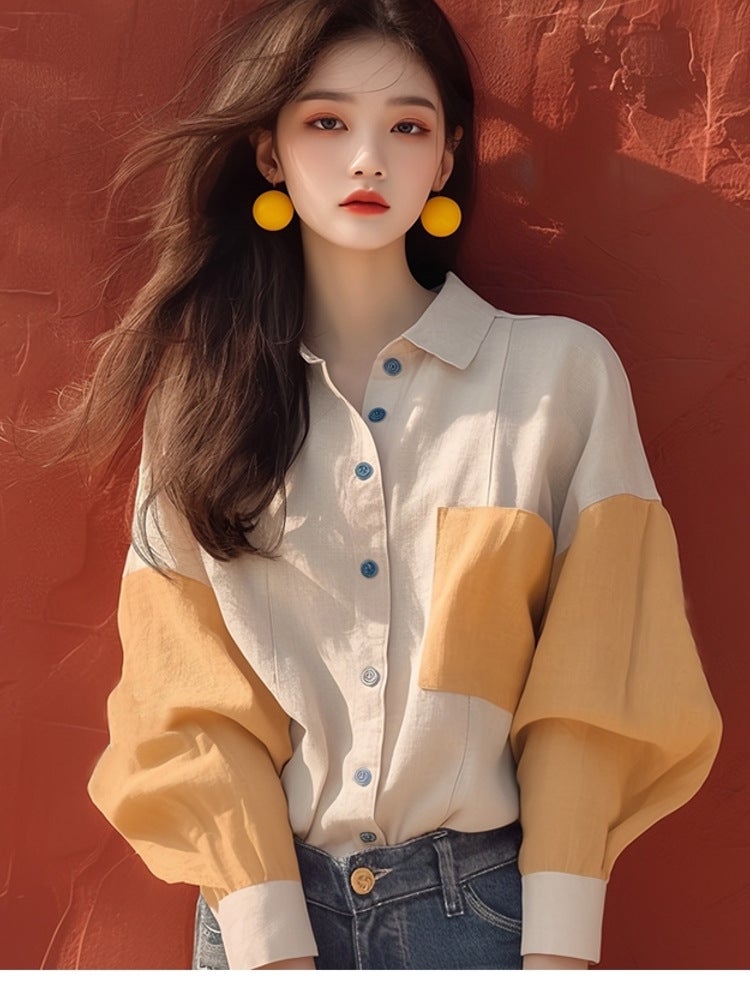 Early Spring New Explosive Color-matching Shirt Niche Unique Chic Western Style Korean Style Gentle Style Stitching Long Sleeve Top for Women Color block shirt