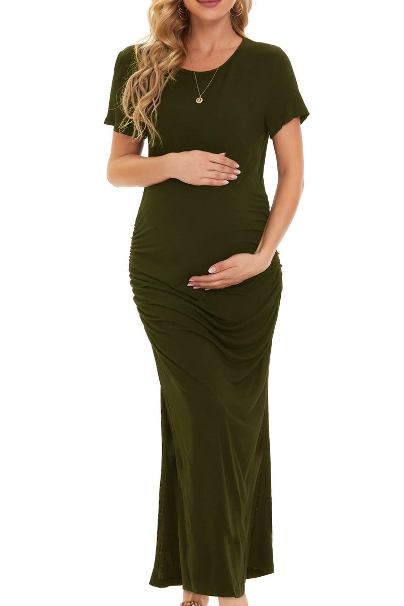 Smallshow Women's Split Long Maternity Dress Short Sleeve Ruched Pregnancy Clothes Small Army Green - Image 2