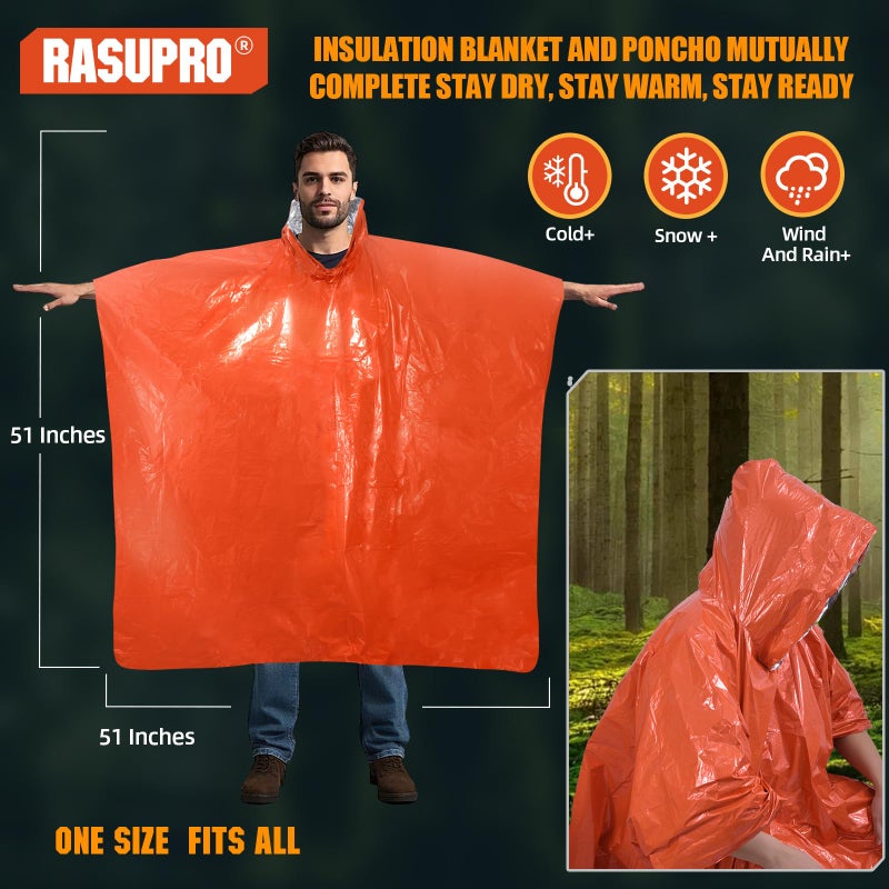 4 Pack Emergency Ponchos with Thickened Mylar Blanket Lining, Windproof, Waterproof, and Thermal Orange Survival Ponchos - Perfect for Outdoor Rescue, Family Camping Gear, Car Emergency Kits - Image 4