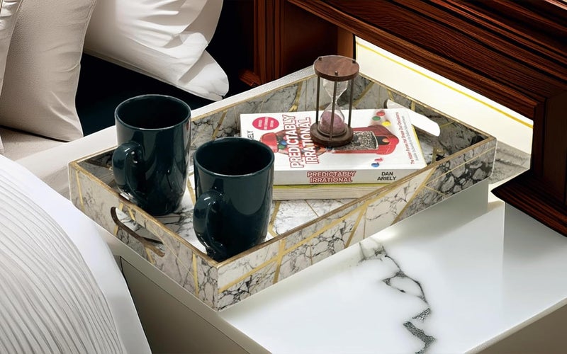 Lavishio Premium White Grey Golden Tray Wooden Serving Tray for Tea Coffee Kitchen Dining Table Decor Handmade Tray for Snacks Food ResinLike Finish Elegant Rectangular MDF Tray - Image 4