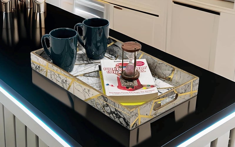 Lavishio Premium White Grey Golden Tray Wooden Serving Tray for Tea Coffee Kitchen Dining Table Decor Handmade Tray for Snacks Food ResinLike Finish Elegant Rectangular MDF Tray - Image 3