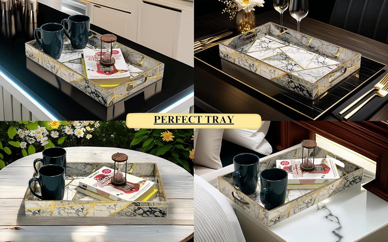 Lavishio Premium White Grey Golden Tray Wooden Serving Tray for Tea Coffee Kitchen Dining Table Decor Handmade Tray for Snacks Food ResinLike Finish Elegant Rectangular MDF Tray - Image 2