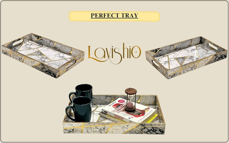Lavishio Premium White Grey Golden Tray Wooden Serving Tray for Tea Coffee Kitchen Dining Table Decor Handmade Tray for Snacks Food ResinLike Finish Elegant Rectangular MDF Tray - Image 5