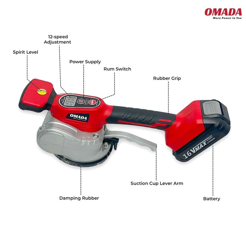 OMADA آلة تركيب البلاط اللاسلكية 16 فولت / آلة اهتزاز البلاط عالية القوة لأدوات رصف الجدران الآلية [البطارية مشمولة] - Image 2