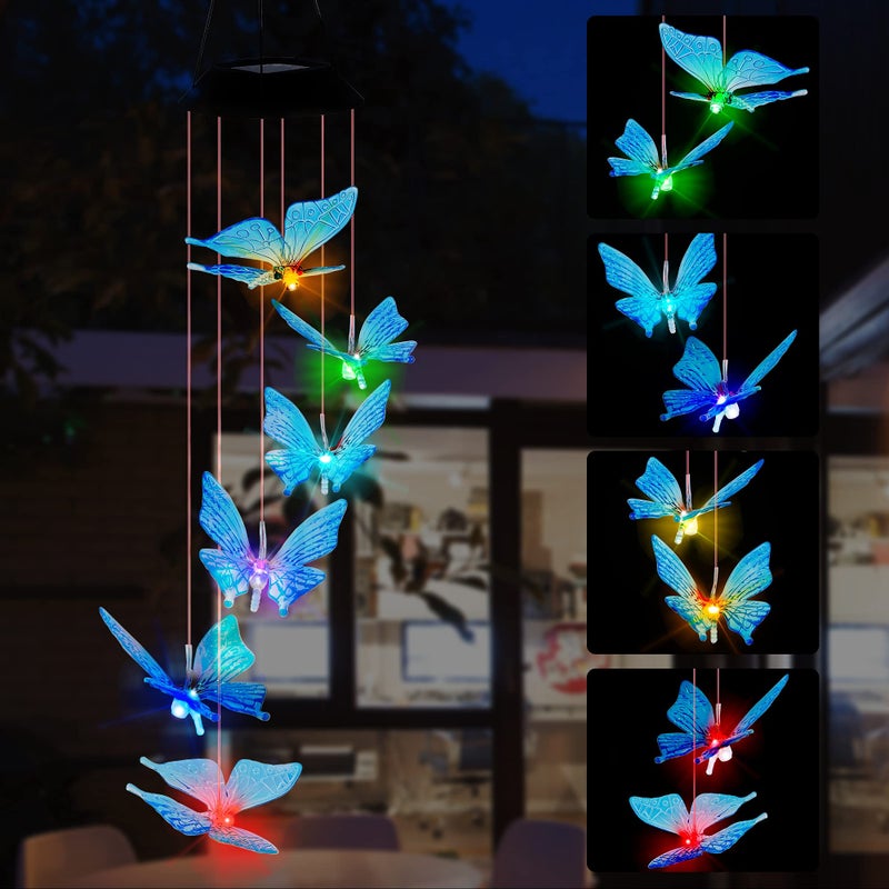 SAND MINE SAND MINE Solar Wind Chimes Outdoor Butterfly Wind Chimes Color Changing LED Mobile Wind Chime Outdoor Waterproof LED Solar Light for Porch Deck Garden Patio Decor Blue 