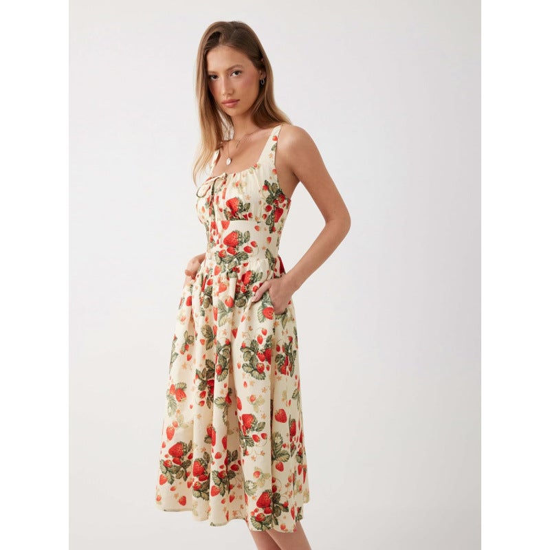 Strawberry Printed Midi Dress for Women, Sleeveless, Tie Waist, 2026 Summer - Image 1