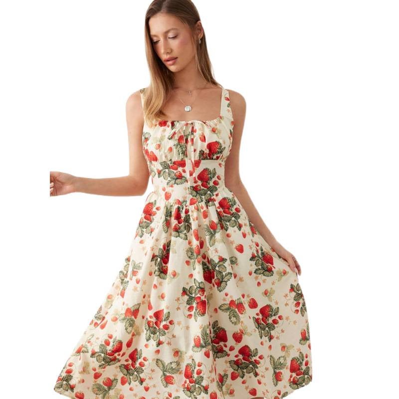 Strawberry Printed Midi Dress for Women, Sleeveless, Tie Waist, 2026 Summer - Image 5