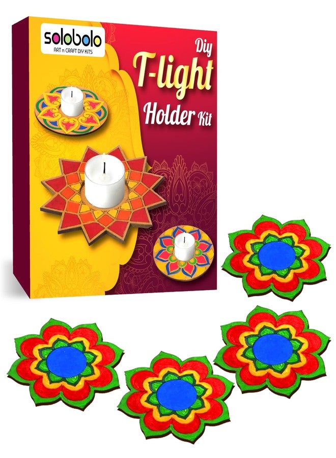 SOLOBOLO Tea Light Candle Holder DIY KIT | Diwali Decorative Item| Paint Your own Tealight Holder for Home Decor Office||Diwali Decoration Puja Articles Decor Gift TeaLight(2pc)| Set of 4 (D-2) - Image 1