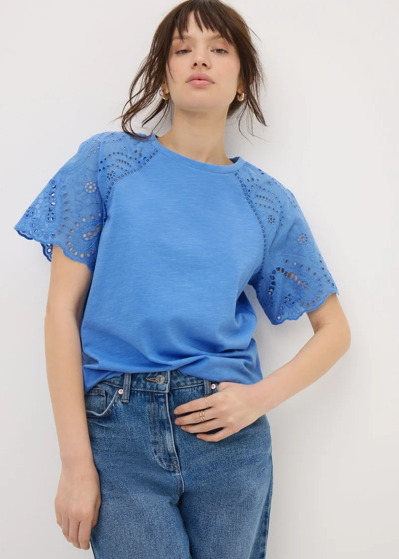 Matalan Blue Broderie Anglaise Raglan Sleeve T-Shirt