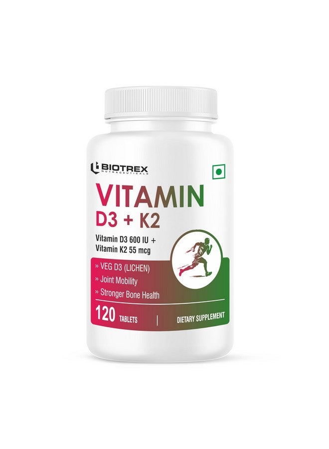 Biotrex Nutraceuticals Vitamin D3 600 IU + K2 MK7 Supplement For Advance Bone Health & Heart Health - 120 Veg Tablets - Image 1