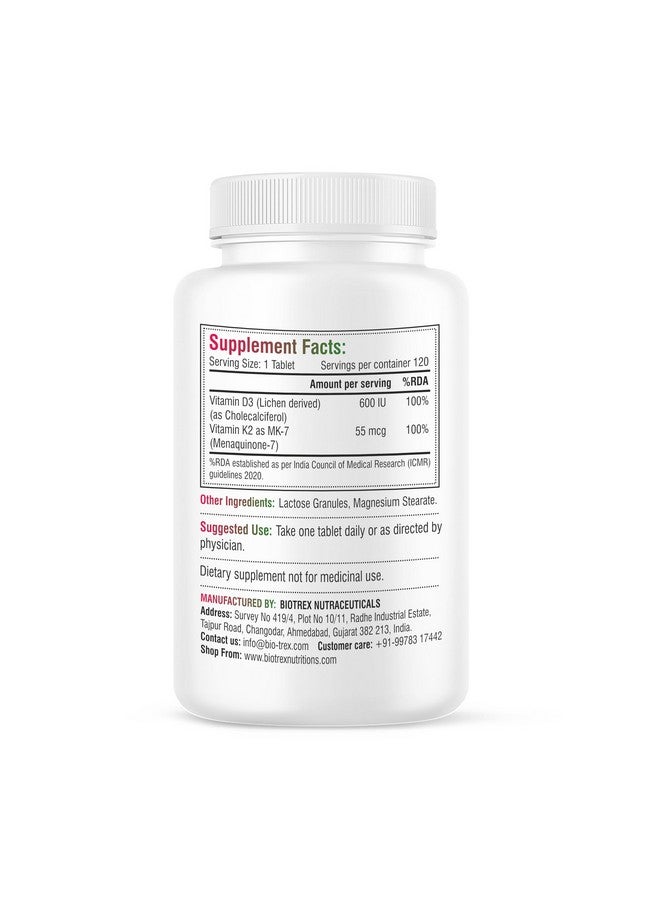 Biotrex Nutraceuticals Vitamin D3 600 IU + K2 MK7 Supplement For Advance Bone Health & Heart Health - 120 Veg Tablets - Image 2