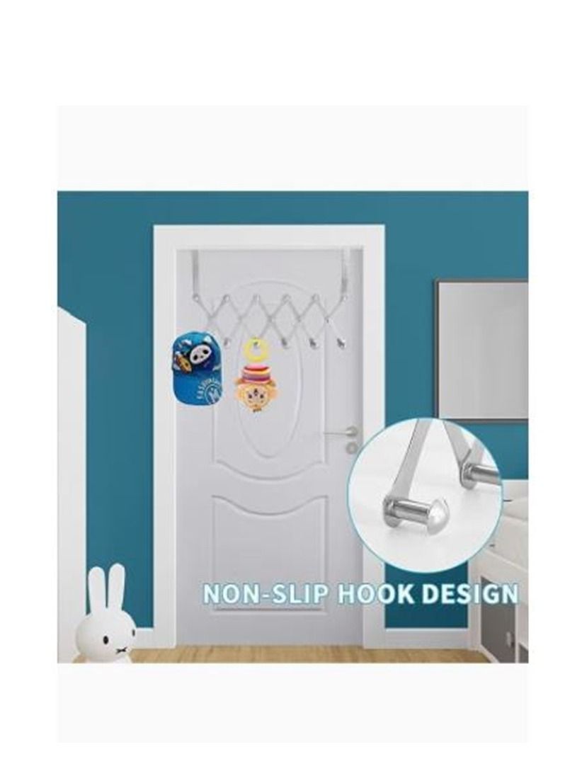Sturdy Over The Door Hook Hanger, Expandable Door Clothes Hanger with 6 Hooks for Bathroom Bedroom Living Room, Metal Stainless Steel Coat Hanger for Clothes Robes Hats Belt Bag Towels - Image 2