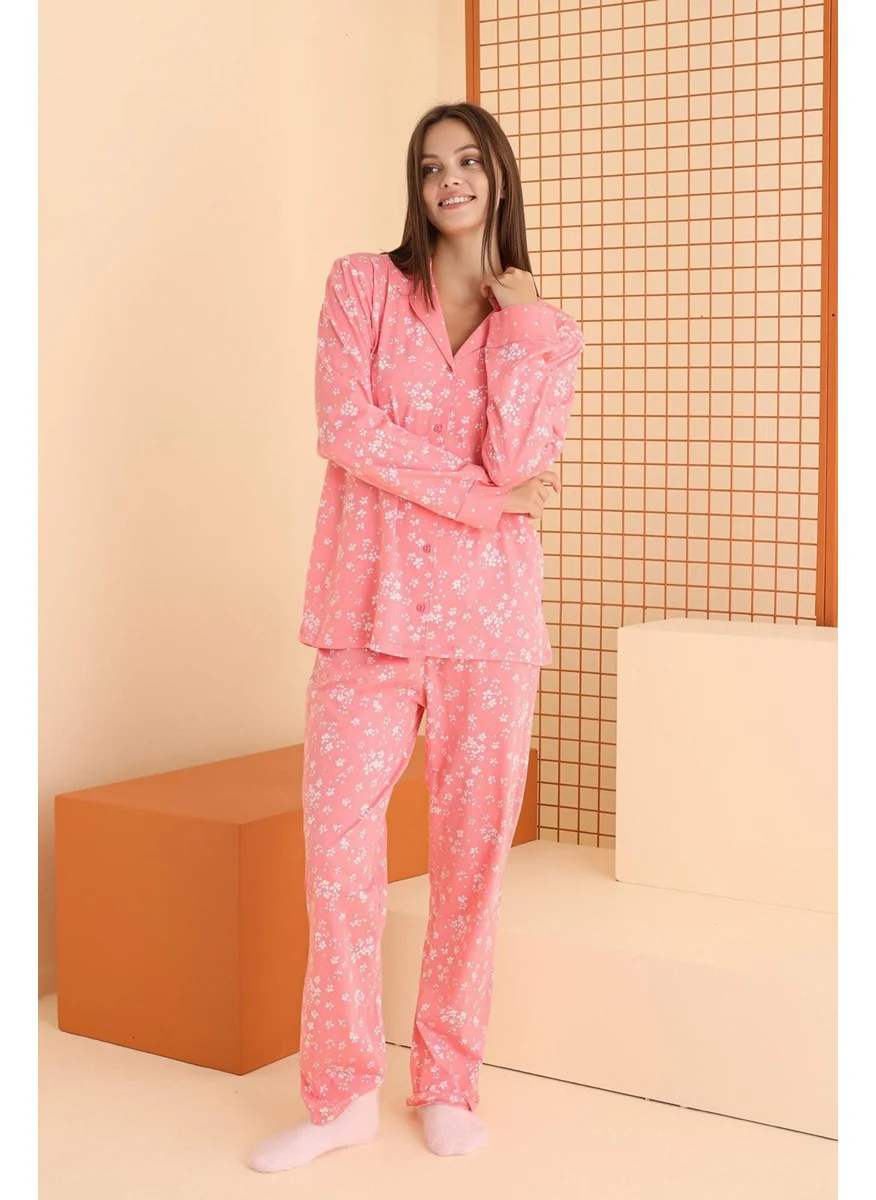 NBB Women's 100% Cotton Floral Front Buttoned Long Sleeve Seasonal Pajama Set