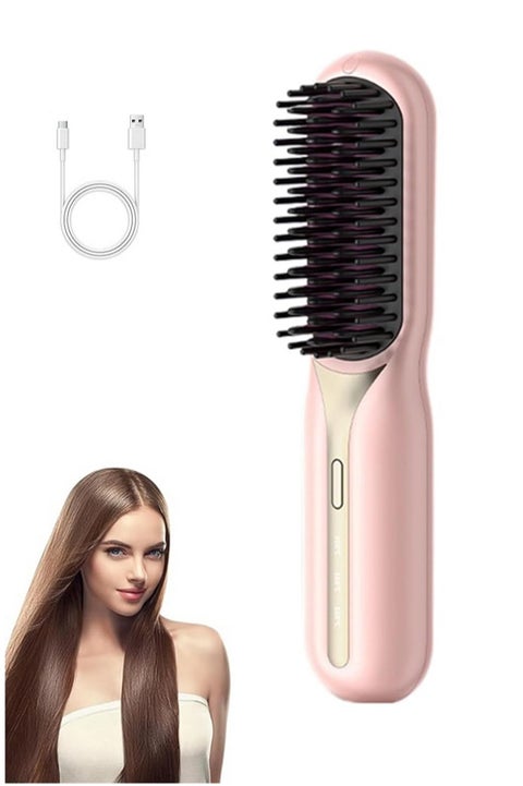 Mini Electric Hair Straightener Brush, Portable Ceramic Ionic Straightening Comb and Curler, LED Display, Fast Heating,3 Temp Settings & Anti-Scald Head Massager for All Hair Types, （Pink）