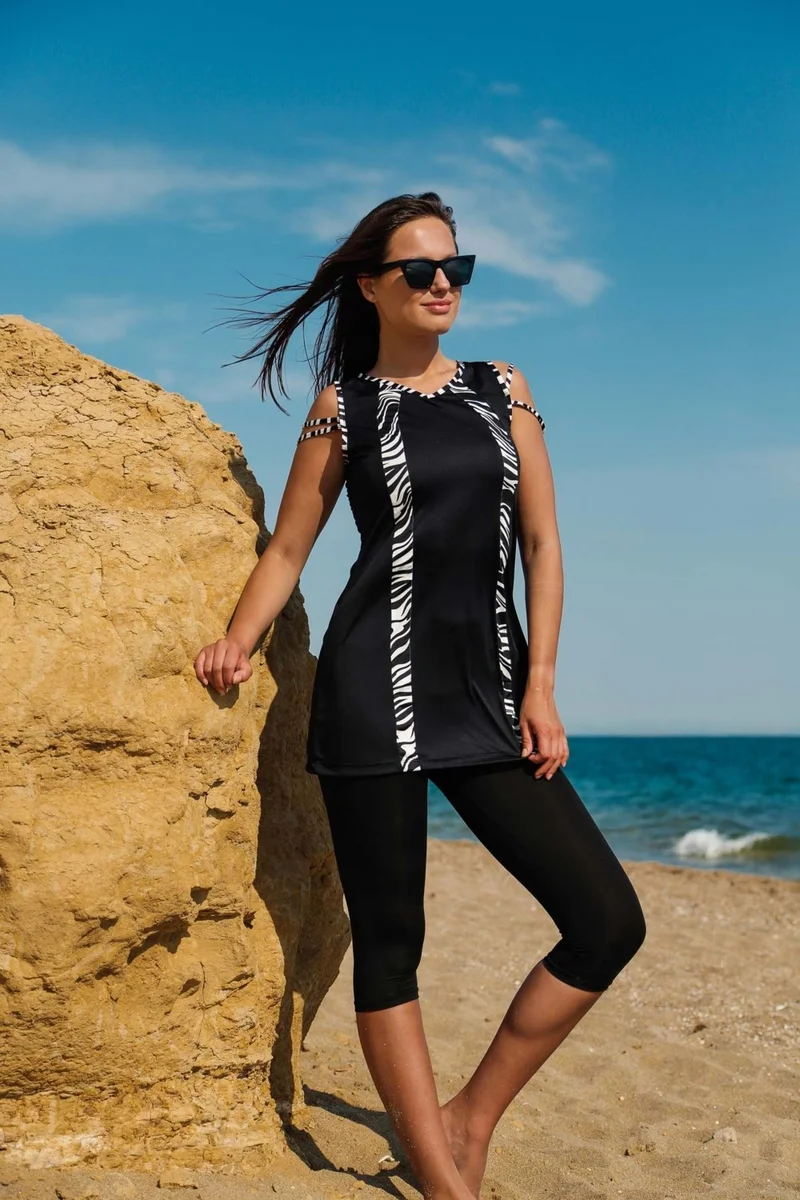 Marina Women's Black Zebra Patterned Design Semi Covered Swimsuit M2209