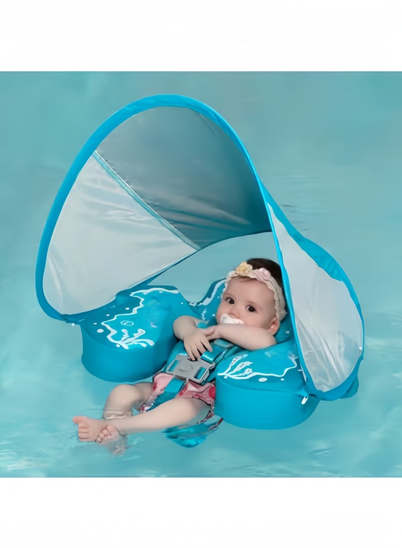 GGEROU Baby Swimming Float Inflatable, Inflatable Baby Float Baby Swimming Ring with Canopy, Baby Swimming Ring for Age 3-24 Months Toddler Children Blue - Image 1