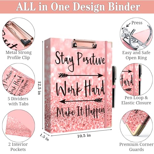 Lateefah 3 Ring Binder, 1 Inch Round Ring Binder with 5 Tab Dividers, Cute Clipboard Binders with 2 Pockets, Decorative Three Ring Binder for Women, School and Office Supplies - Image 5