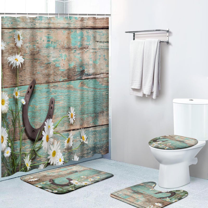 Britimes 4 Piece Shower Curtain Sets Western Rustic with NonSlip Rugs Toilet Lid Cover and Bath Mat for Bathroom Decor Set 72 x 72