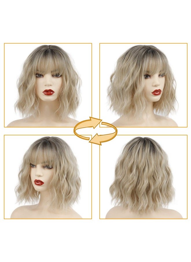 MISSQUEEN MISSQUEEN Short Ombre Blonde Wigs Wavy Bob Blonde Wig with Bangs Synthetic Curly Pastel Blond Wig for Women Girl Colorful Cosplay Wigs  - Image 5