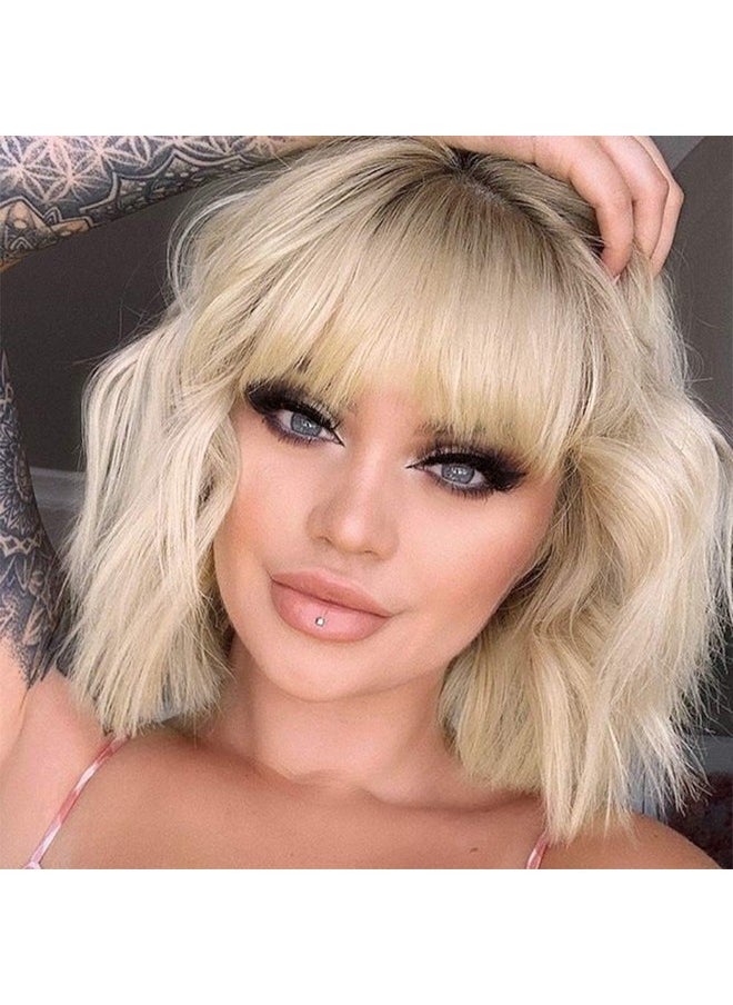 MISSQUEEN MISSQUEEN Short Ombre Blonde Wigs Wavy Bob Blonde Wig with Bangs Synthetic Curly Pastel Blond Wig for Women Girl Colorful Cosplay Wigs  - Image 1