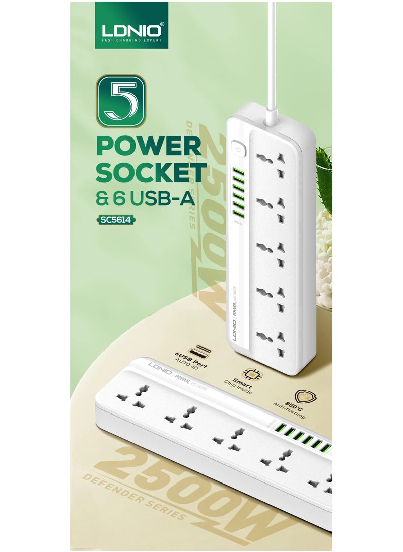 LDNIO Power Extension Cord with Multi Sockets 5 Universal Outlets Compatible With UK/UAE Plug, 6 Auto ID USB Ports For Mobile Charging, And 2m Extension Cord for Home, Office, Dorm Essentials  - Image 4