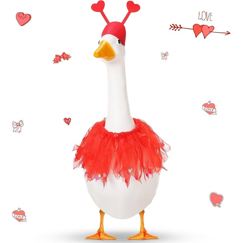 Shyyween Valentine's Day Porch Goose Outfits for Plastic Goose 23'' Lawn Goose Statue Clothes Heart Goose Hat and Tutu Collar Plastic Goose Costume for Valentine's Day Patio Yard Outdoor - Image 1