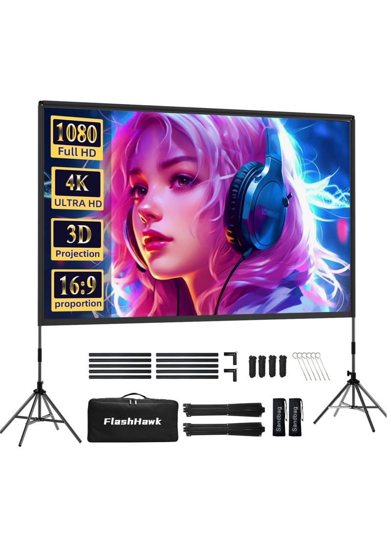FlashHawk Projector Screen with Stand -100 inch 16:9 4K HD Portable Outdoor Indoor Projector Screen Rear Front Projection Screen Lightweight Movie Screen with Four-Legged Frame Carry Bag for Home Theater - Image 1