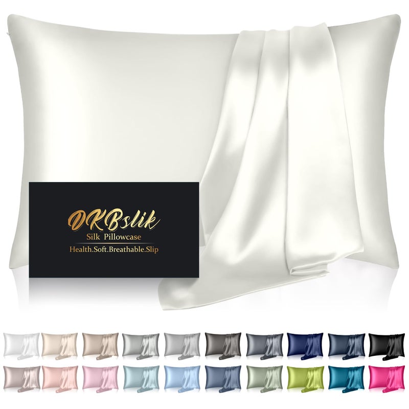 DKBslik Mulberry Silk Pillow Cases Standard Size, Silk Pillowcase for Hair and Skin, Anti Acne Cooling Sleep Both Sides Natural Silk Satin Pillow Covers with Hidden Zipper, Gifts for Women Men, Ivory - Image 1