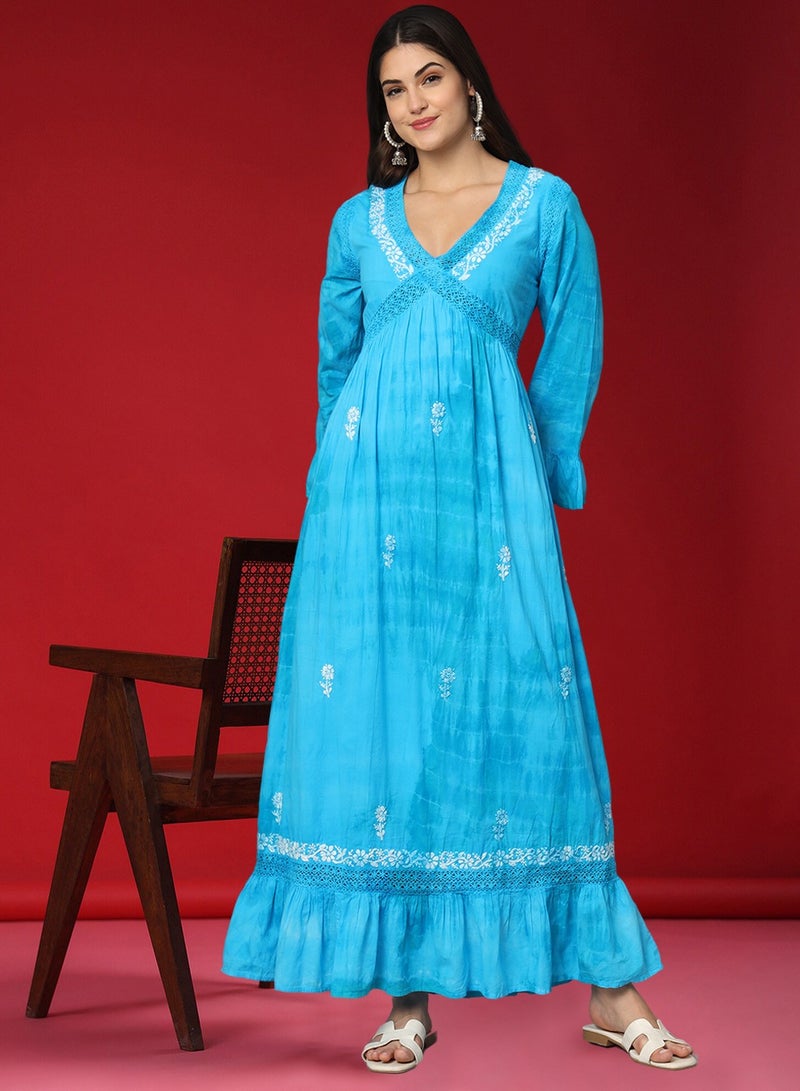 الايا جلابية نسائية مطرزة يدويًا بتطريز الشيكانكاري من القطن بألوان الصباغة بالربط - Image 1