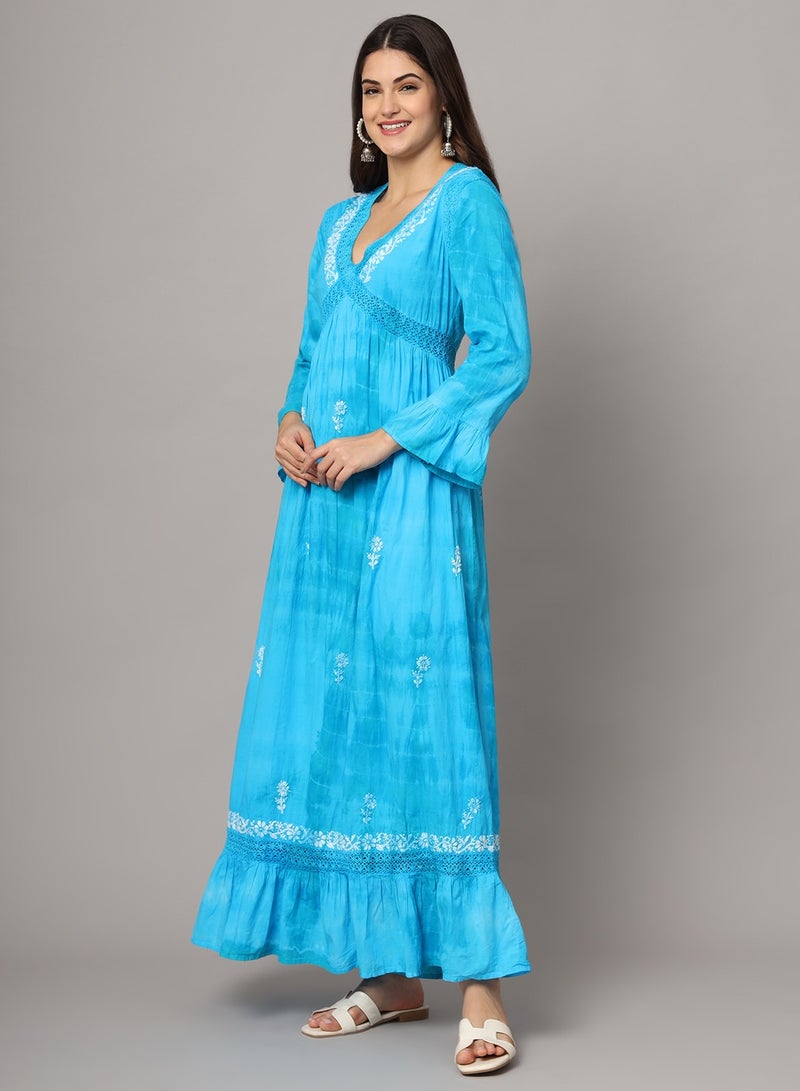 الايا جلابية نسائية مطرزة يدويًا بتطريز الشيكانكاري من القطن بألوان الصباغة بالربط - Image 3